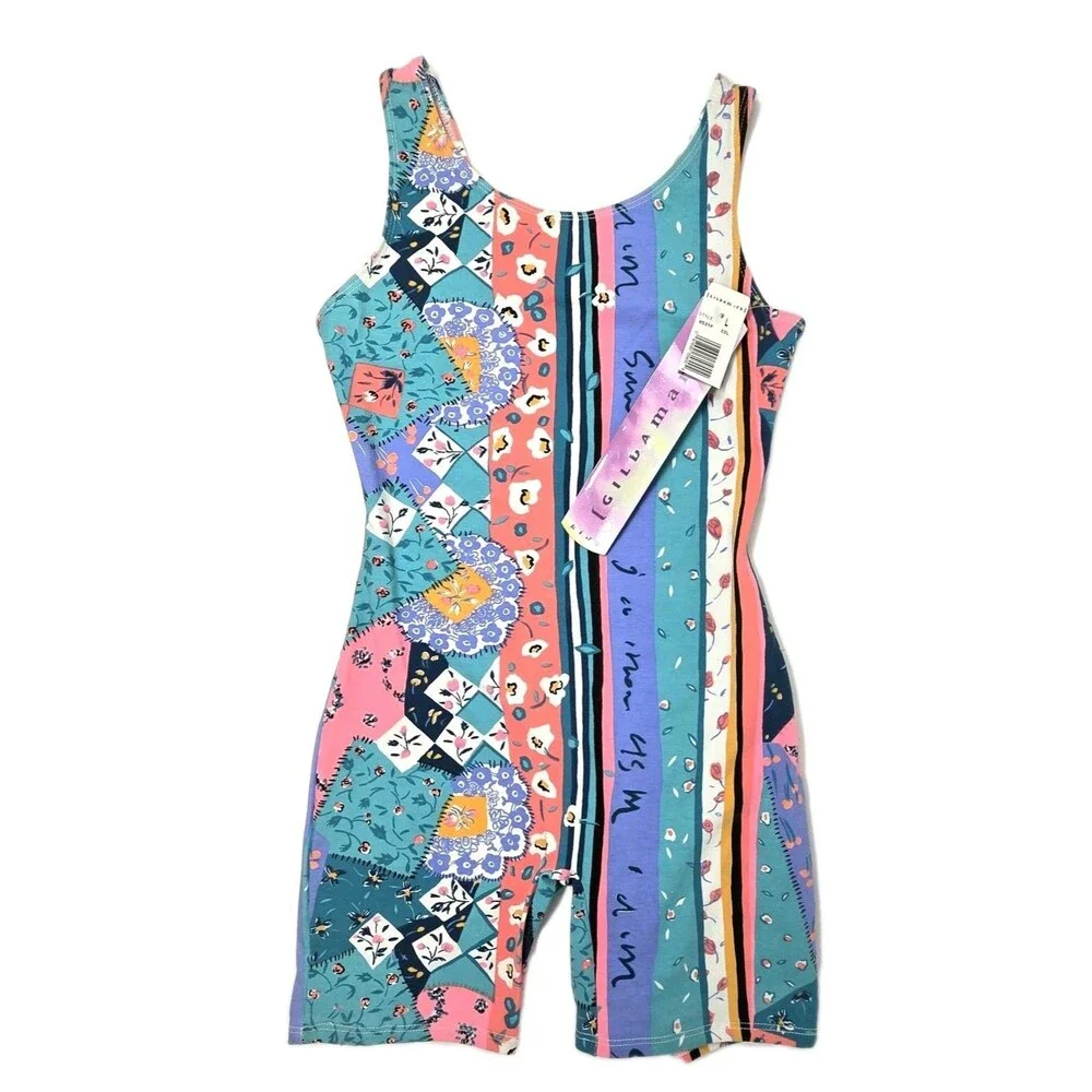 Gilda Marx Kid VTG 80s Pastel Patchwork Cotton Biketard Unitard Open Back Size L